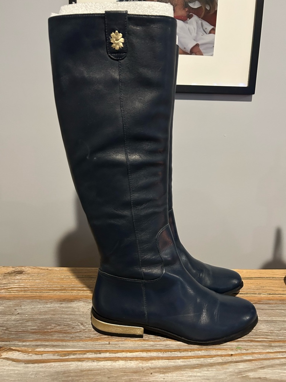 Jack Rogers Navy Blue Parker  Leather Boots with Gold Accent Size 7